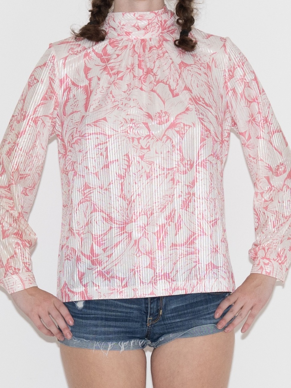 Vintage 70s turtleneck blouse pink white flower print size 12 graff californiawe